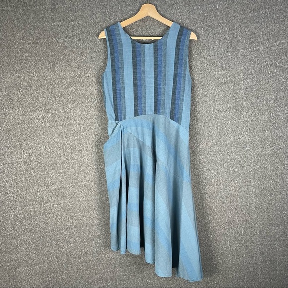 Cynthia Ashby Womens Small Twirl Dress Lagenlook Pocket Stripe Asymmetrical Blue - Picture 7 of 11